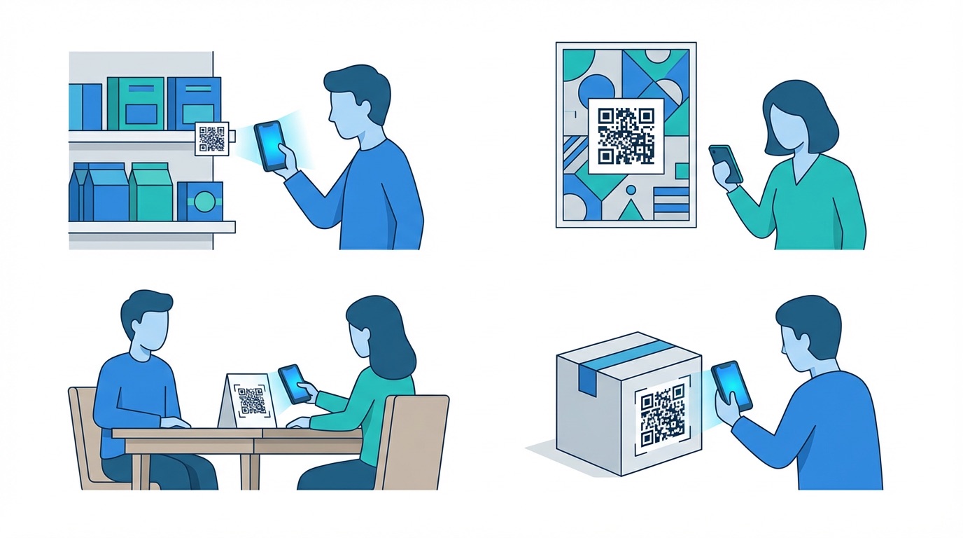 URL QR codes used across business contexts including retail store shelves, event posters, restaurant tables, and product packaging in a flat illustration with blue and teal accents