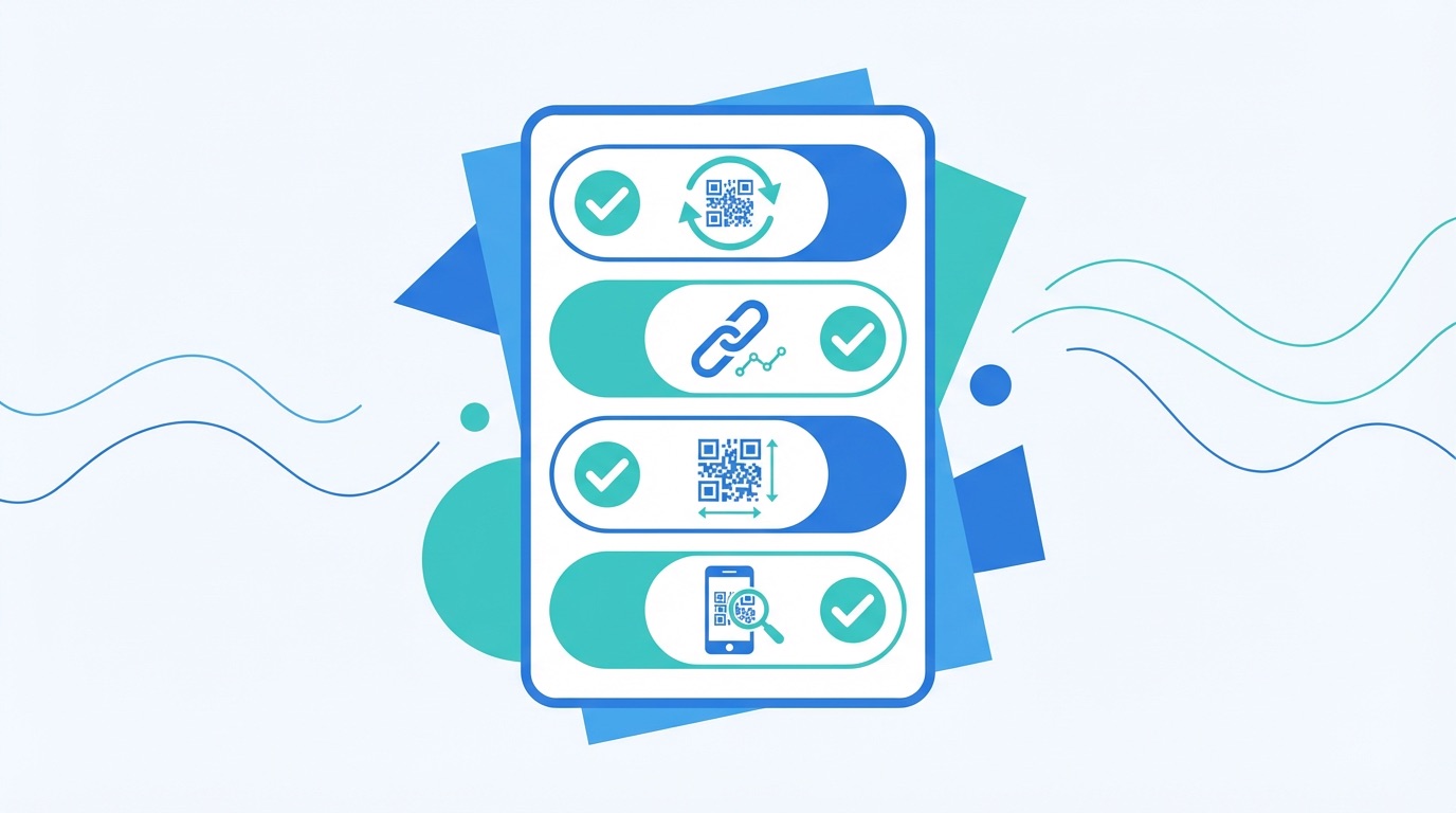 URL QR code best practices checklist illustration with dynamic redirect arrows, UTM tracking link icon, QR code size measurement guides, and mobile scan test — blue and teal flat design