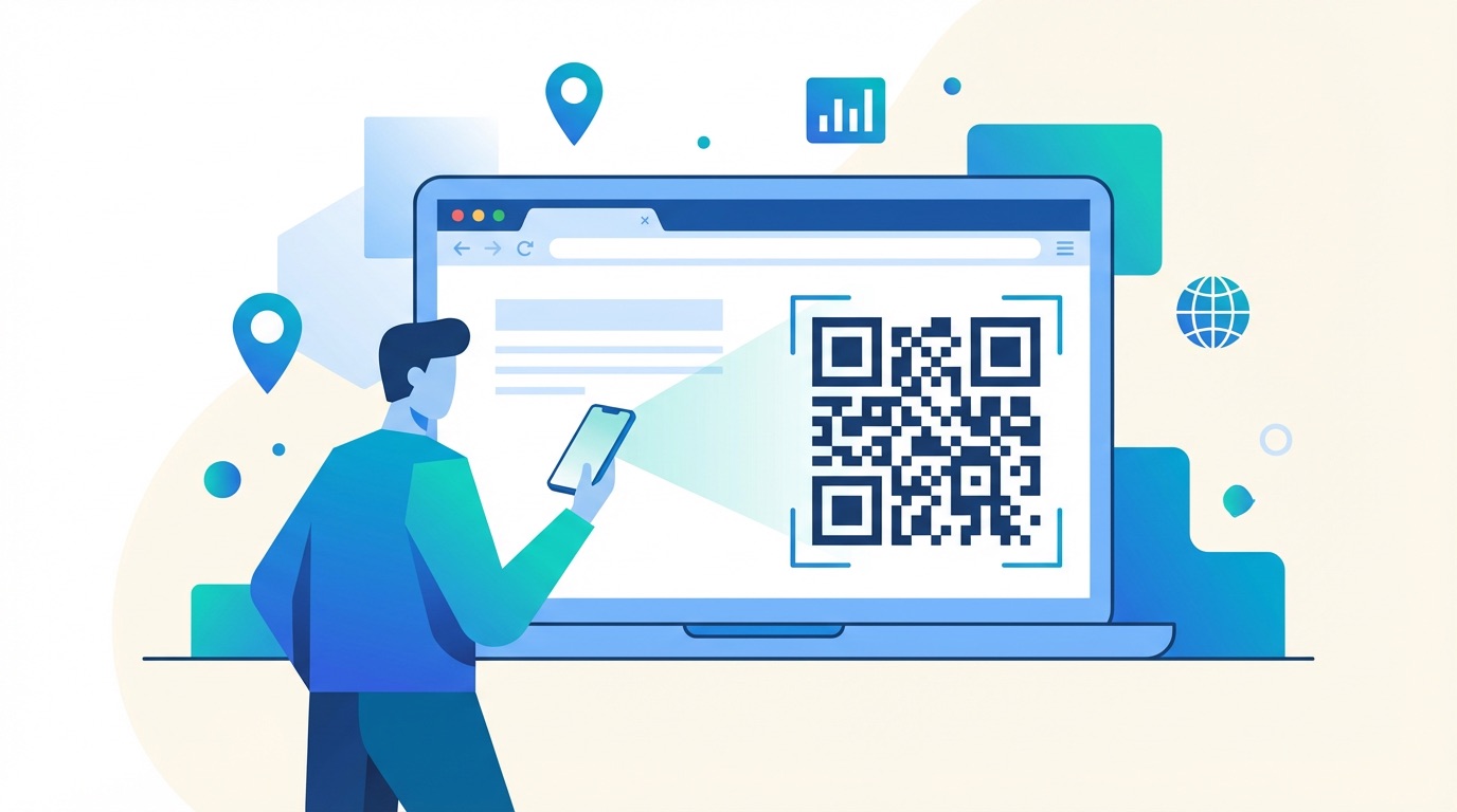 Person scanning a URL QR code on a laptop with a smartphone, with location pin and analytics icons — flat illustration in blue and teal