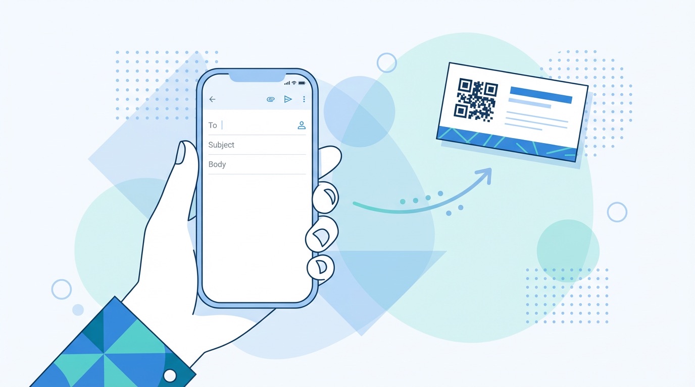 Smartphone showing a pre-filled email message ready to send after scanning an email QR code on a business card