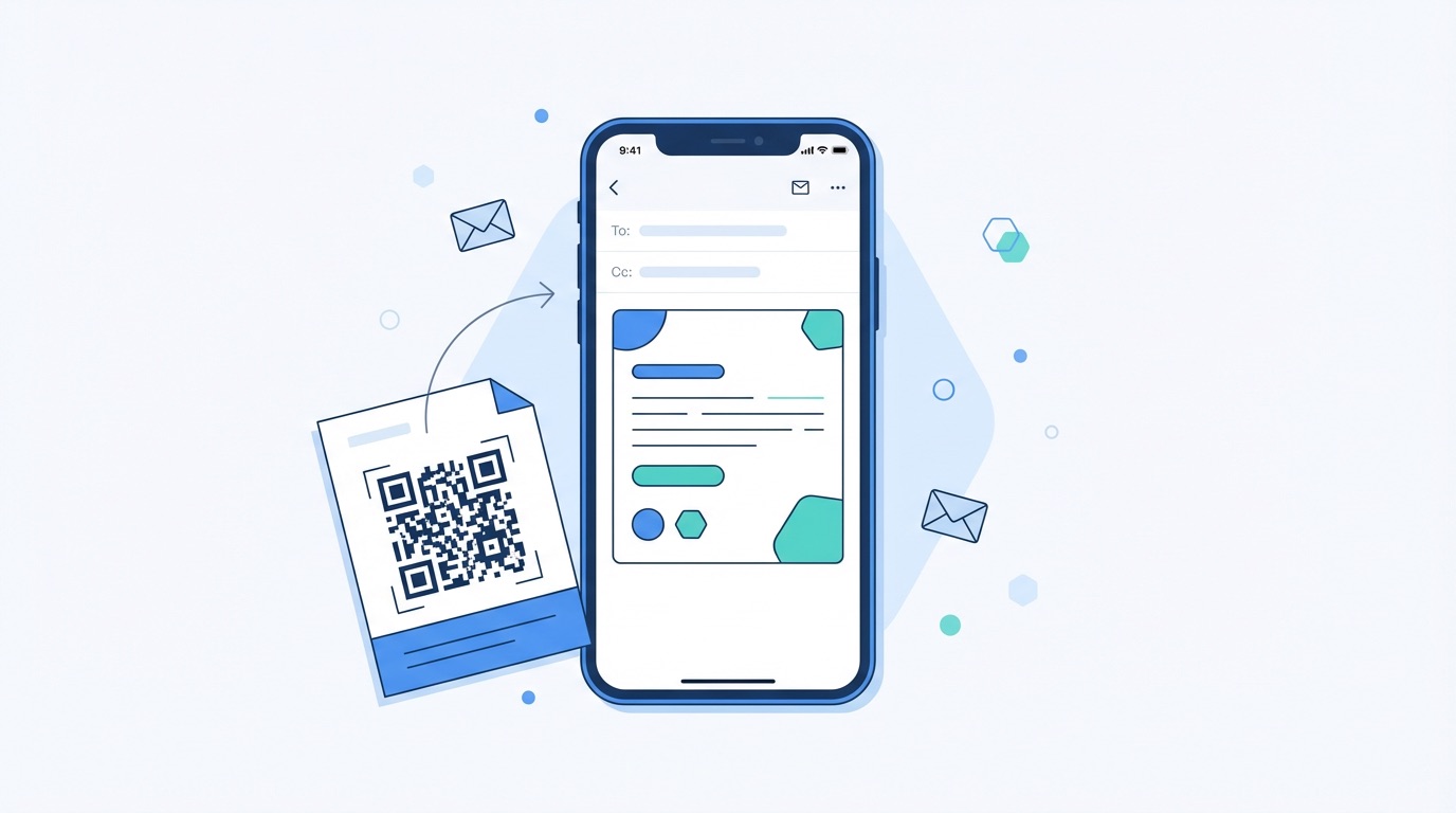 Email QR code generator showing a smartphone opening a pre-filled email after scanning a QR code