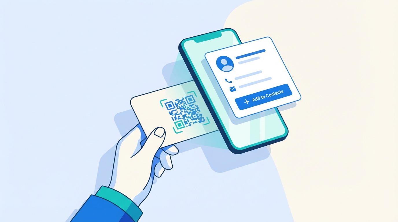 Smartphone scanning a vCard QR code on a business card, instantly displaying the owner's contact details on screen