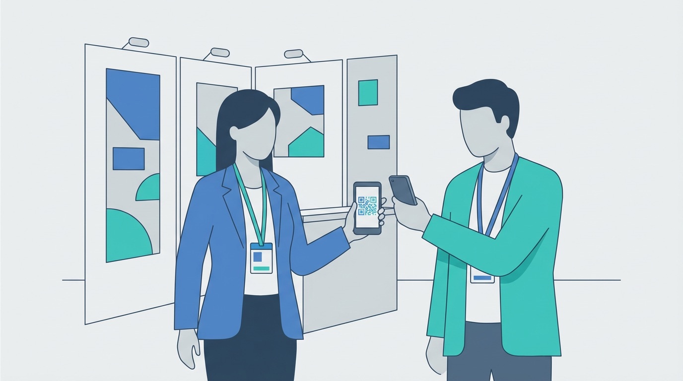 Two professionals at a trade show exchanging contact details by scanning a vCard QR code displayed on a smartphone