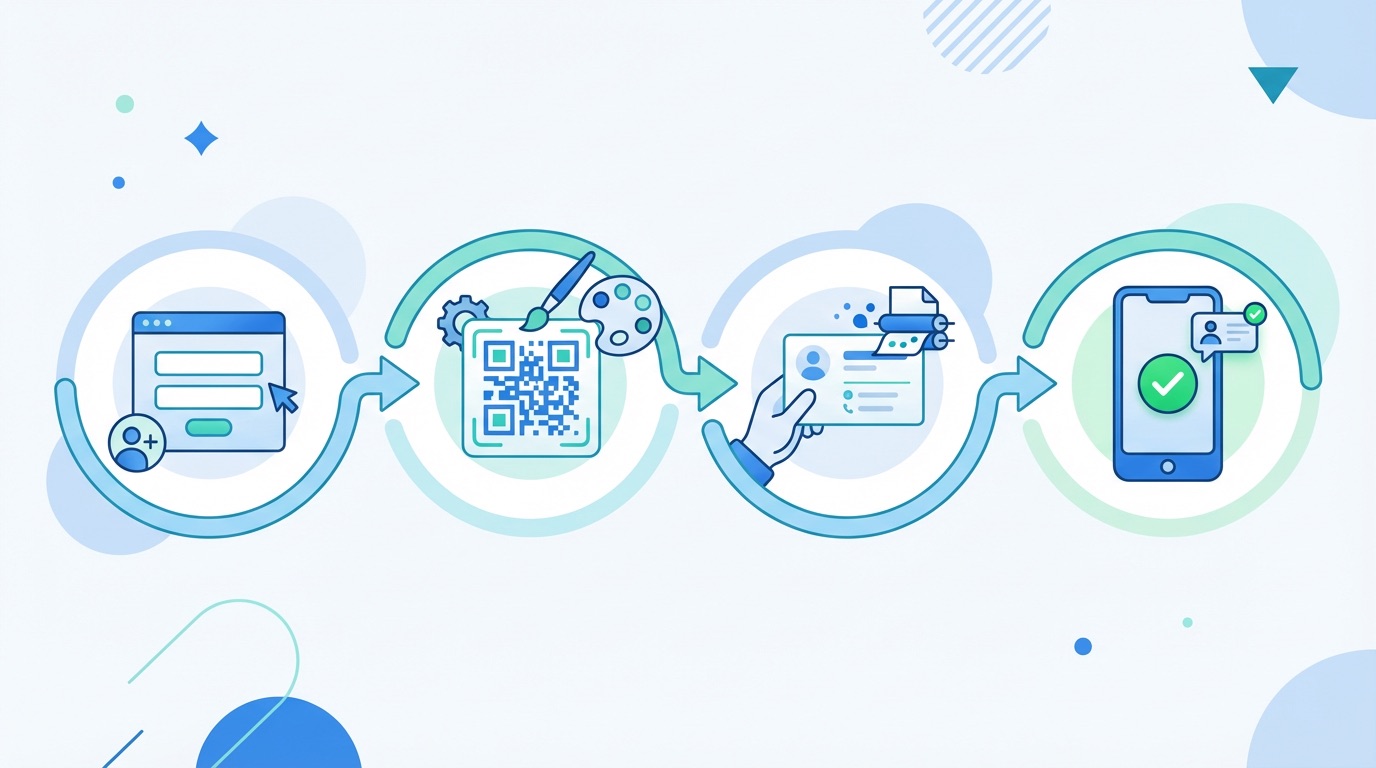 Four-step process flow for creating a vCard QR code: enter details, customize design, print on card, contact saved to phone