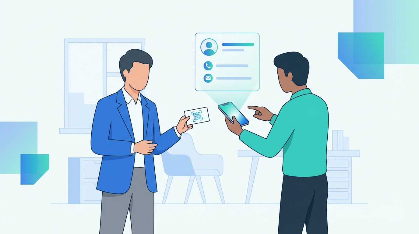 Two professionals exchanging contact details by scanning a vCard QR code on a business card