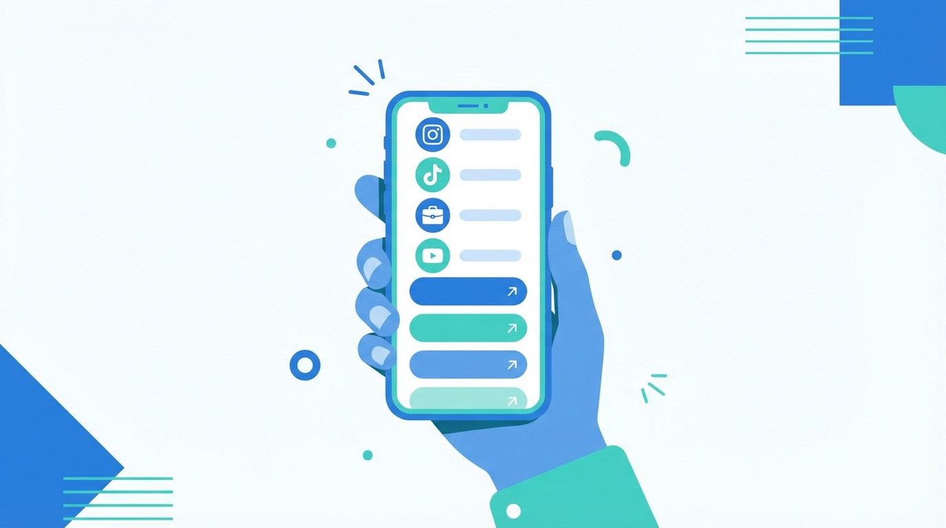 Social media QR code mobile landing page showing Instagram, TikTok, LinkedIn and YouTube profile links on a smartphone screen