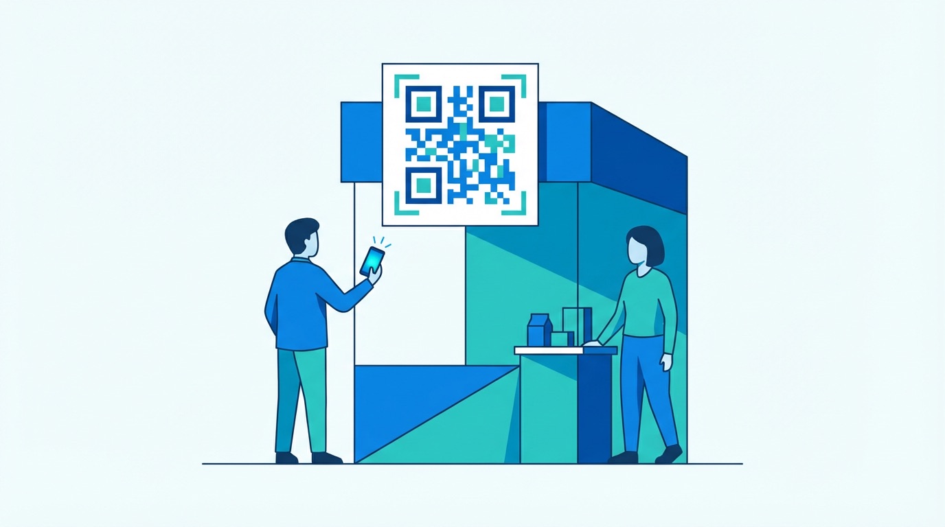 Retail event booth with a social media QR code on a display banner, with a visitor scanning the code on a smartphone to follow on Instagram