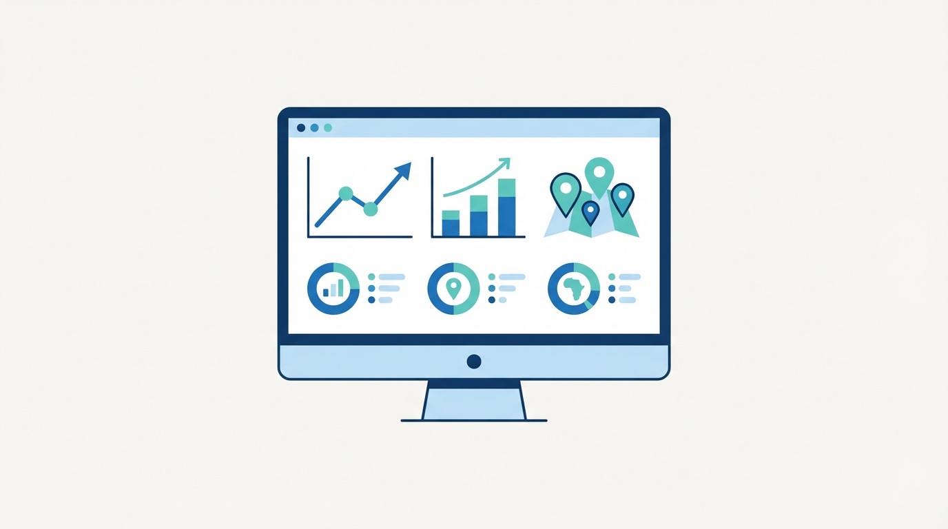 Analytics dashboard for a social media QR code campaign showing scan count graphs, geographic map pins, and performance metrics on a monitor
