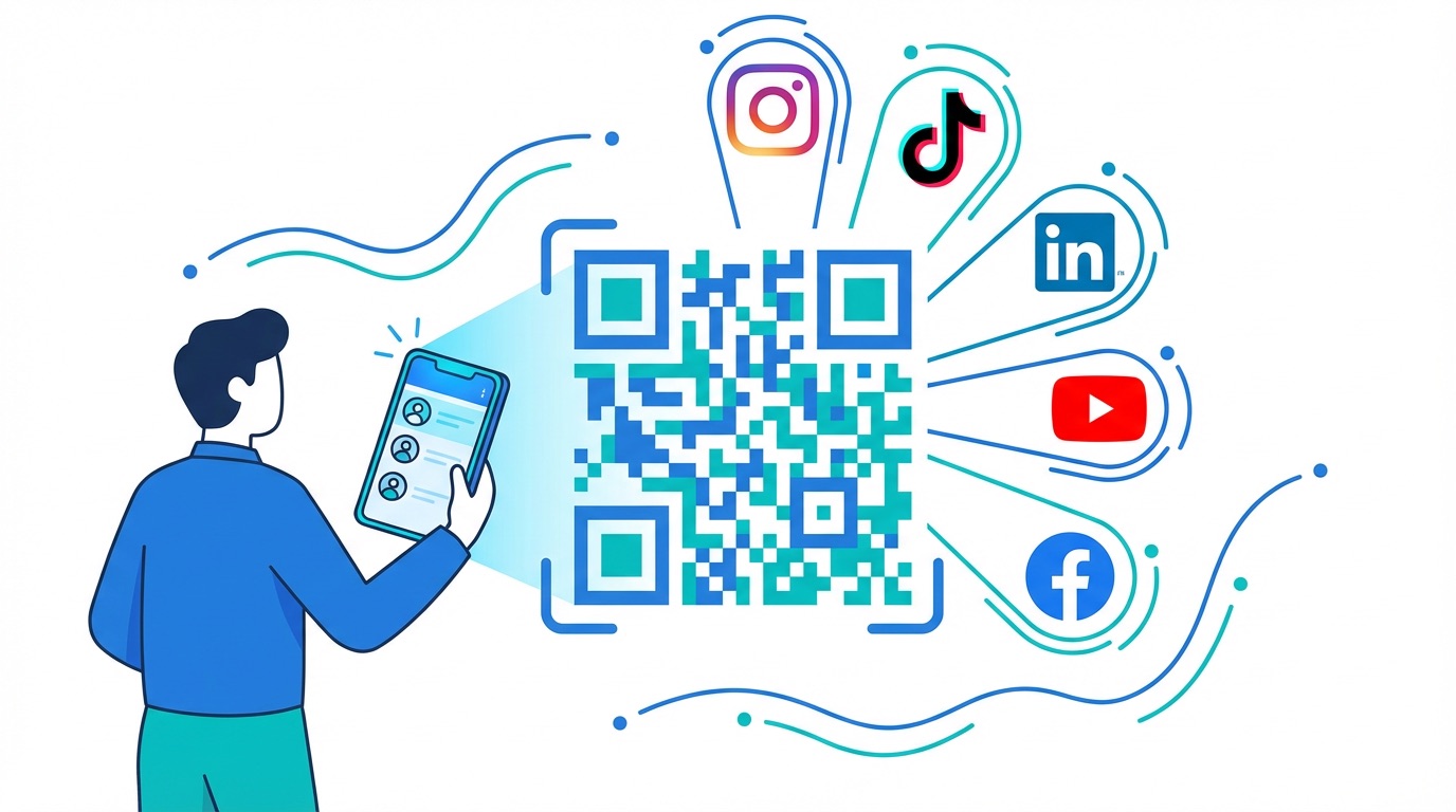Social media QR code generator illustration showing a phone scanning a code that links to Instagram, TikTok, LinkedIn and YouTube profiles