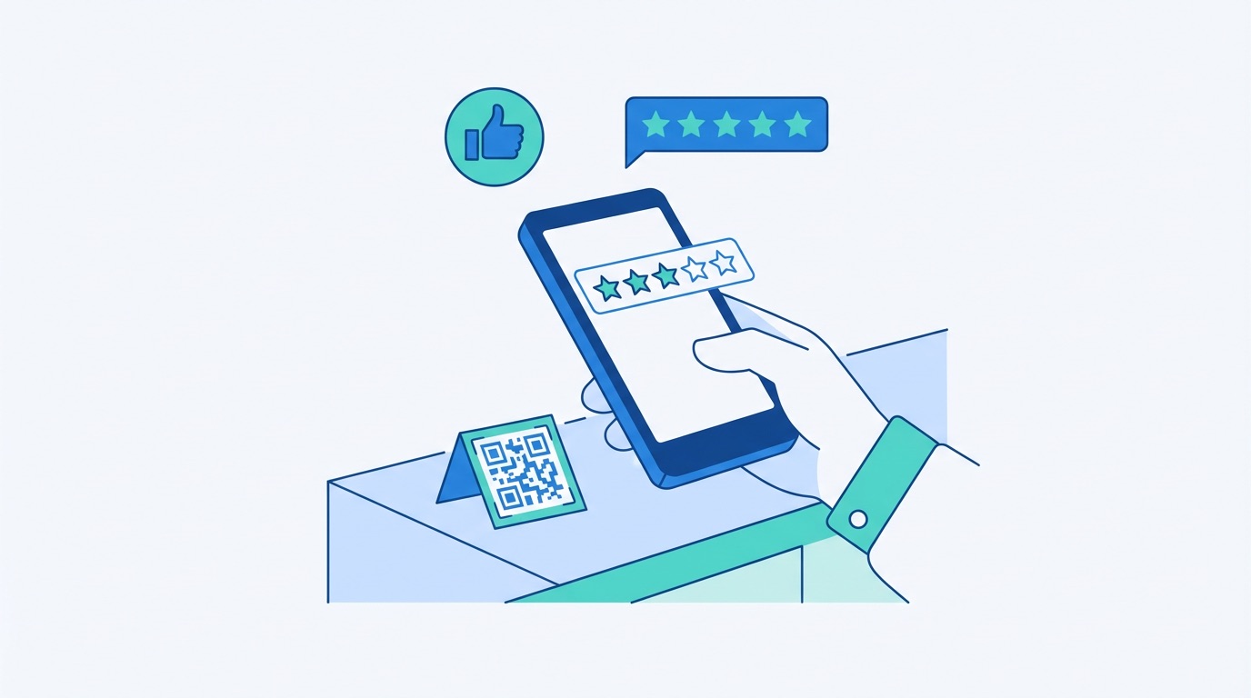 Customer scanning a feedback QR code at a retail counter to submit an instant star rating and comment