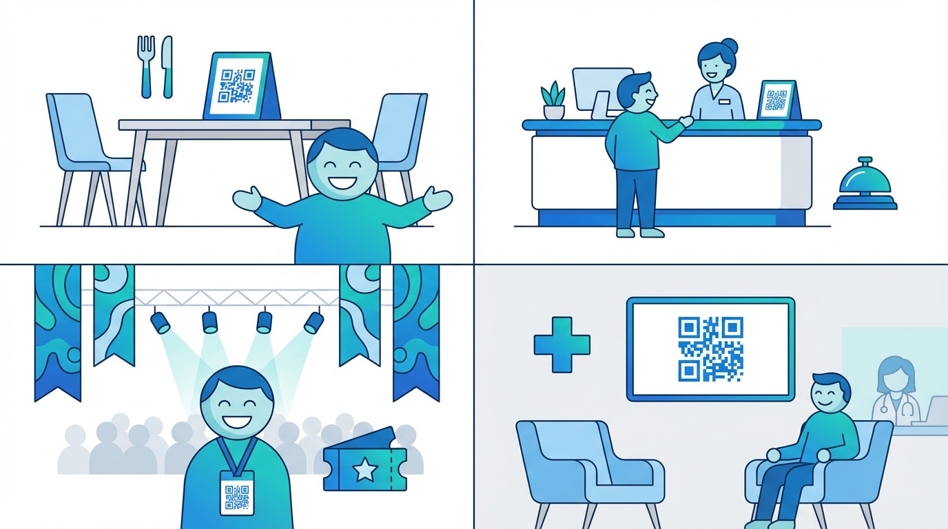 Feedback QR codes used across industries including restaurants, hotels, events, and healthcare clinics