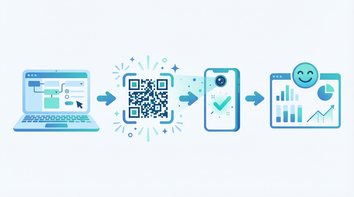Four-step feedback QR code workflow from creating a custom form to tracking customer responses in real-time analytics