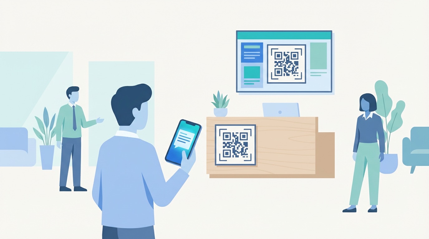 Plain text QR code on a hotel lobby sign displaying a WiFi password when scanned with a smartphone