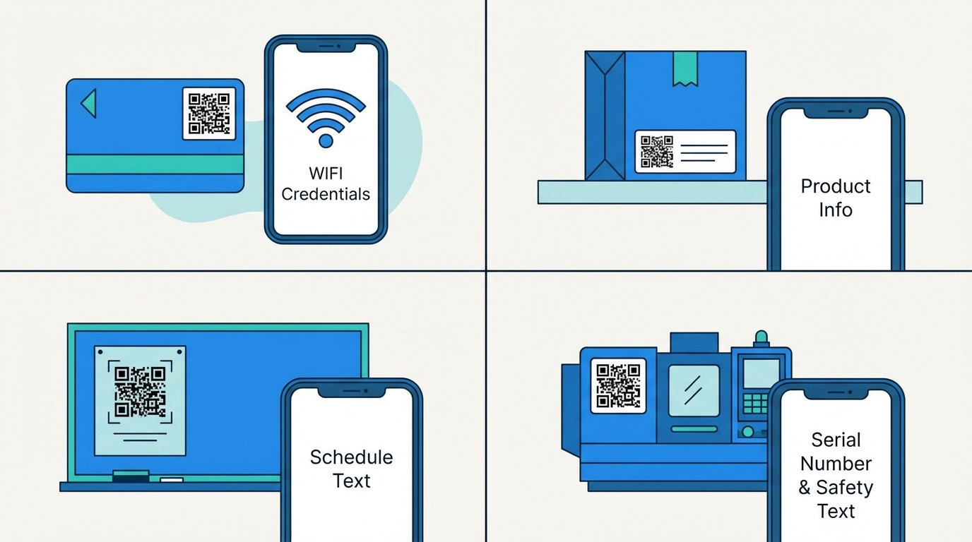 Plain text QR codes used across hospitality, retail, education, and manufacturing for offline information sharing