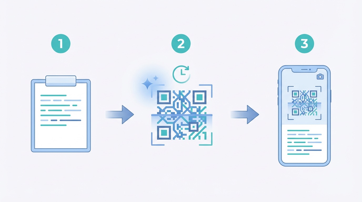 Three-step plain text QR code creation process: enter your message, generate the QR code, and share it anywhere
