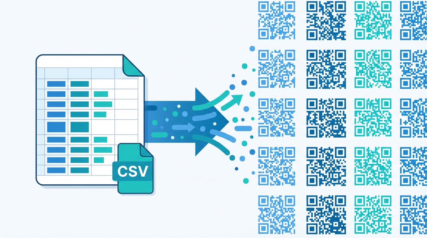 CSV spreadsheet with rows of campaign data transforming into a grid of unique QR codes — flat illustration showing bulk QR code generation in blue and teal