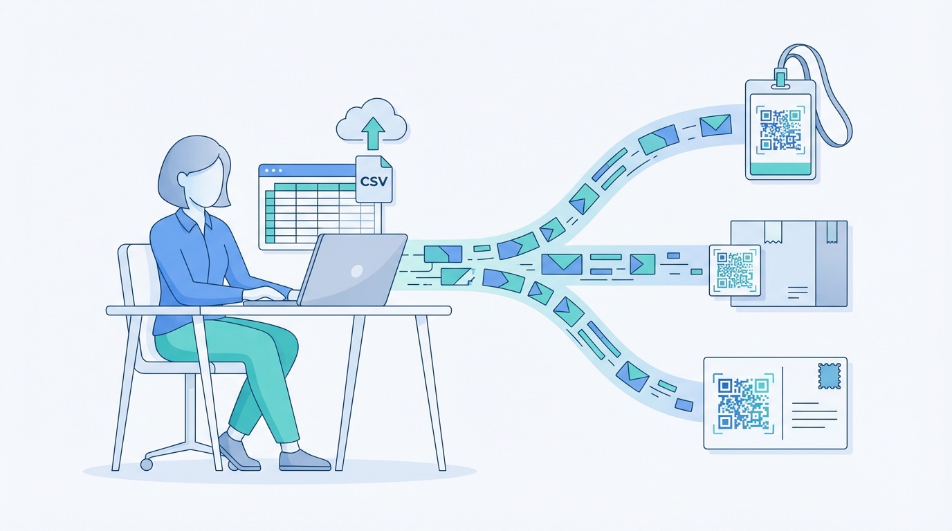 Marketing professional uploading a CSV file with QR codes flowing to an event badge, product label, and direct mail postcard — flat illustration in blue and teal