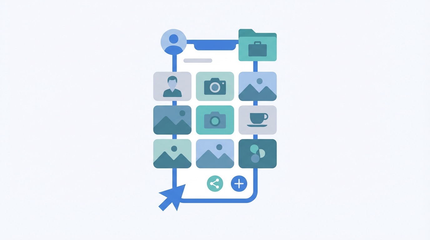 Smartphone screen showing a swipeable image gallery after scanning an image QR code, with photo thumbnails and portfolio images displayed in a grid layout