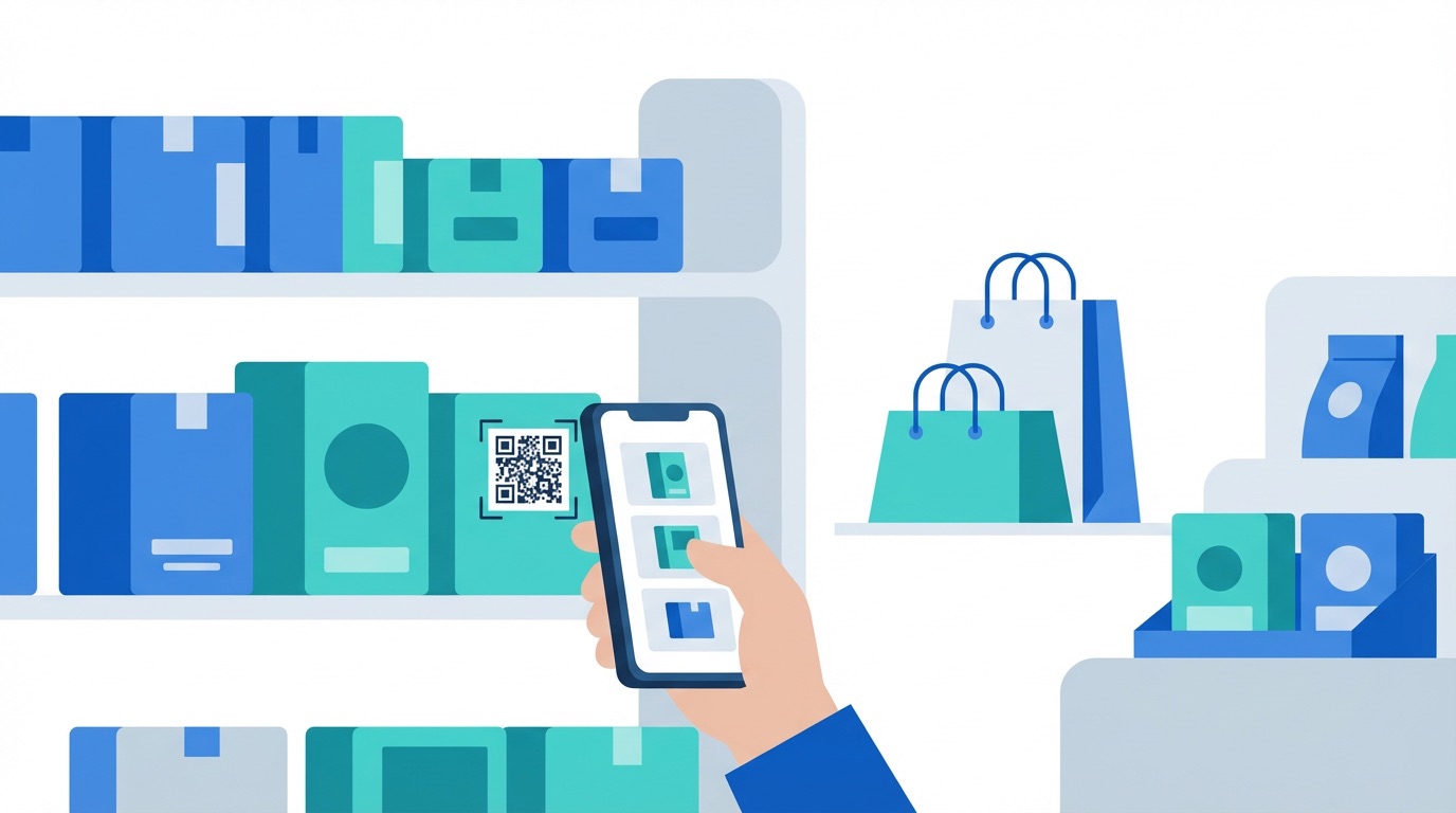 Retail store shelf showing a product with an image QR code being scanned by a customer, revealing a photo gallery of product images on their smartphone screen