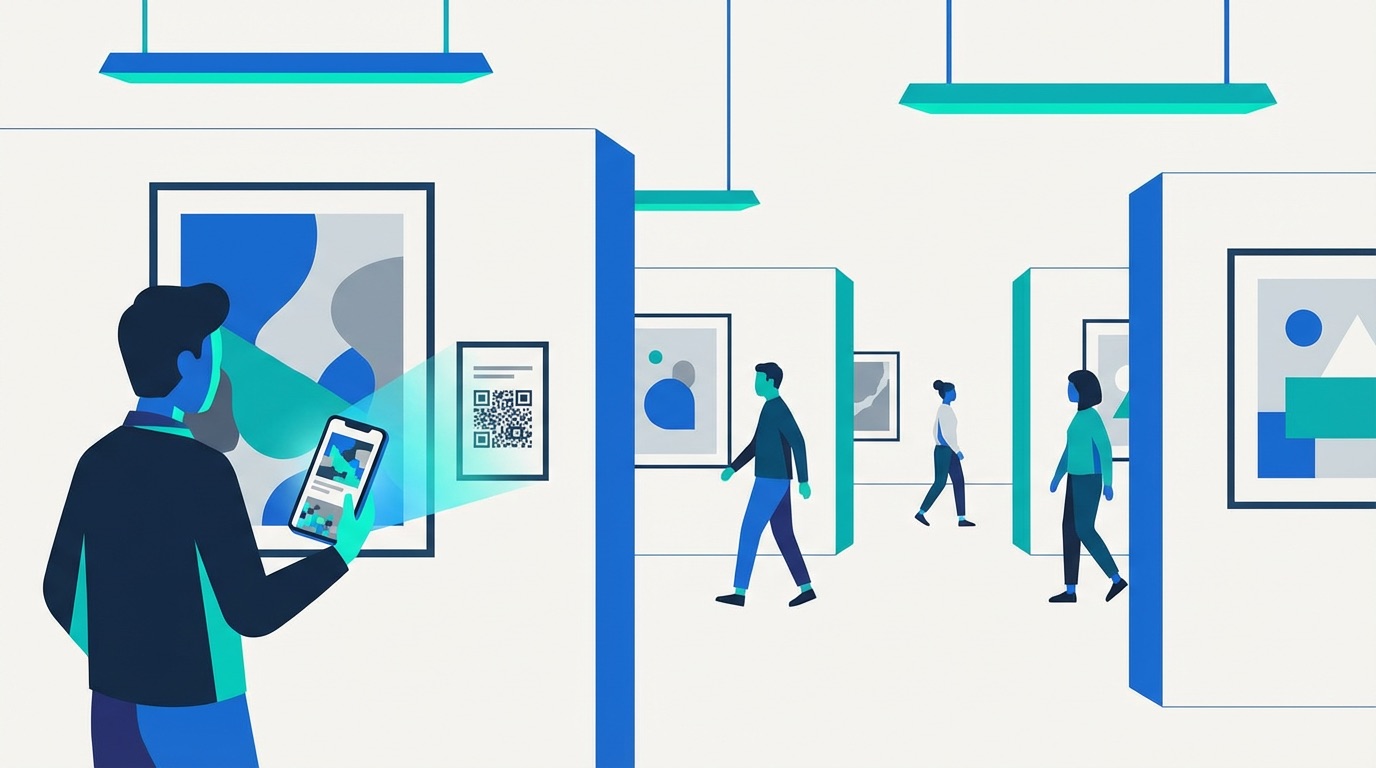 Art gallery setting with visitors scanning an image QR code next to an artwork, phone screen showing a digital portfolio gallery with additional artworks and artist information