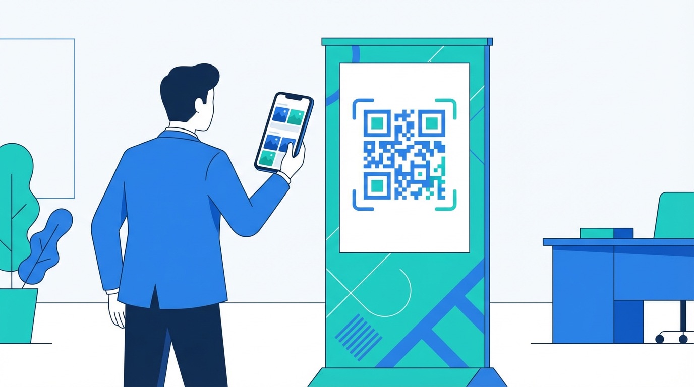 Person scanning an image QR code on a display stand with their smartphone, revealing a photo gallery on screen — flat illustration in blue and teal