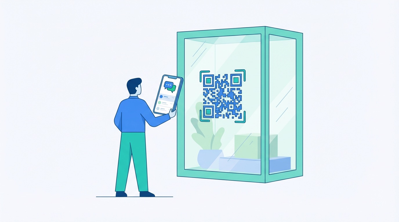 Customer scanning a WhatsApp QR code on a shop window display, with a chat conversation opening instantly on their smartphone