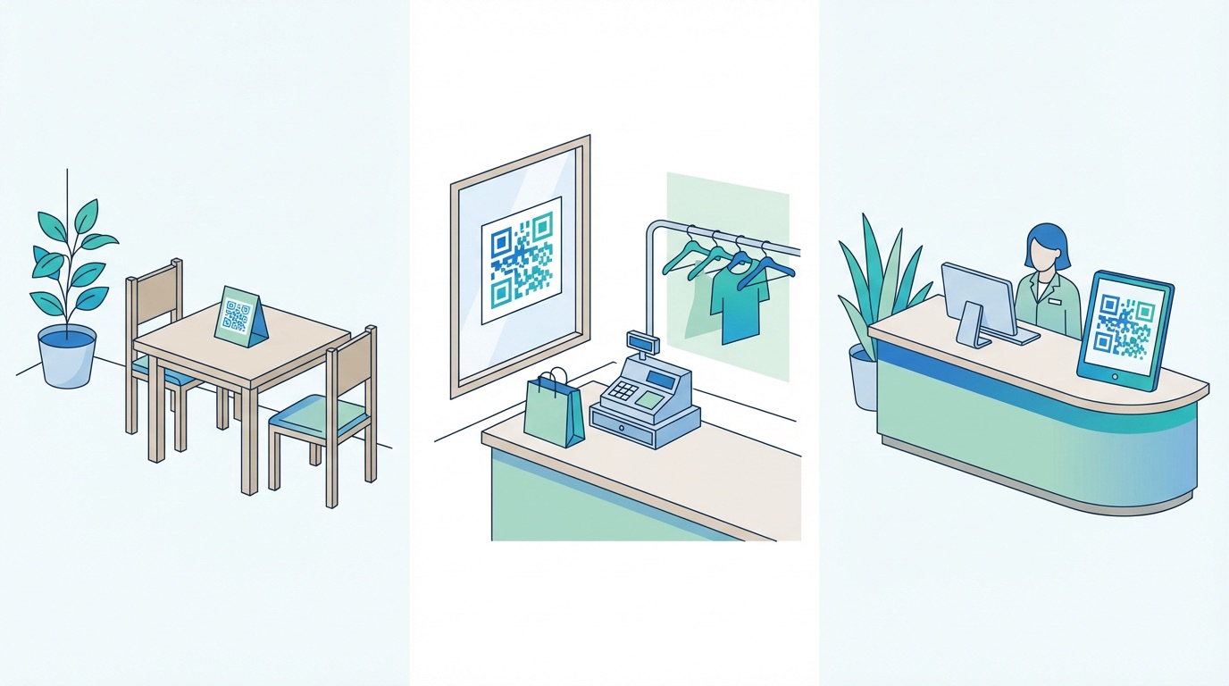Three-panel illustration showing WhatsApp QR codes in use at a restaurant table, a retail store, and a hotel reception desk