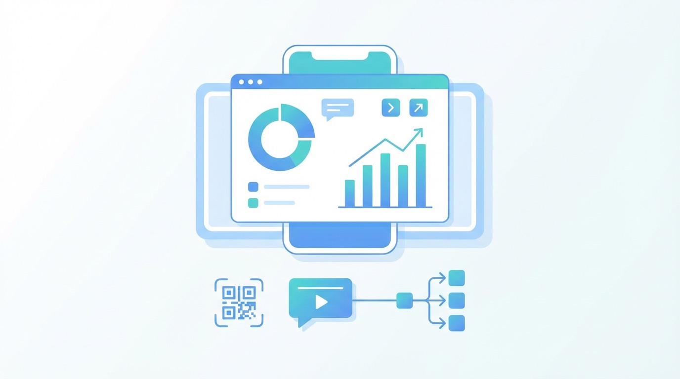 Smartphone displaying a WhatsApp QR code campaign analytics dashboard with scan metrics, open rates, and conversation performance graphs