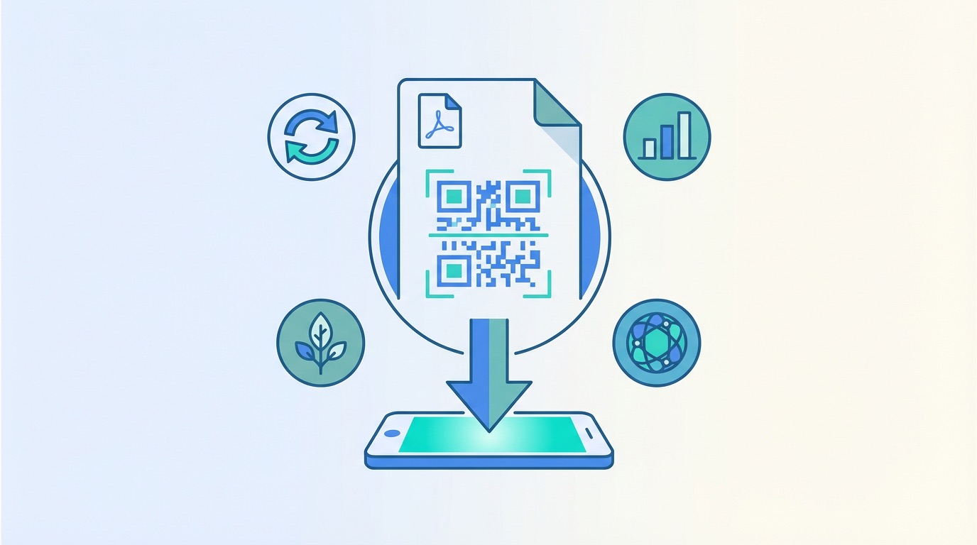 PDF QR code linking to a document with download arrow pointing to smartphone, surrounded by benefit icons for updates, analytics, eco-friendliness, and compatibility
