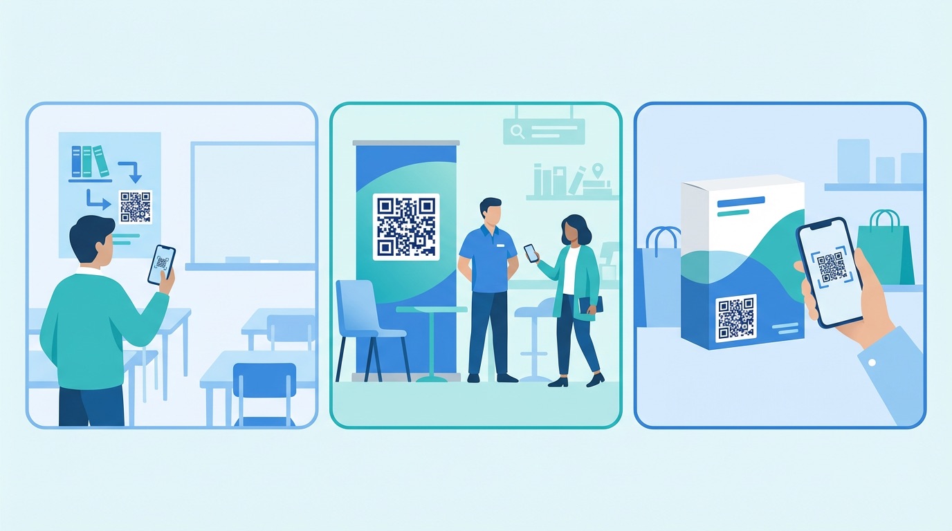 Three industry scenes showing PDF QR codes in use: a student scanning in a classroom, a trade show exhibitor with a visitor, and a consumer scanning product packaging