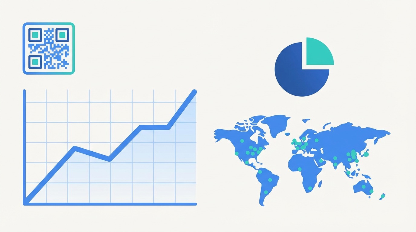 PDF QR code analytics dashboard showing scan trend line graph, device breakdown pie chart, and geographic world map with scan location dots