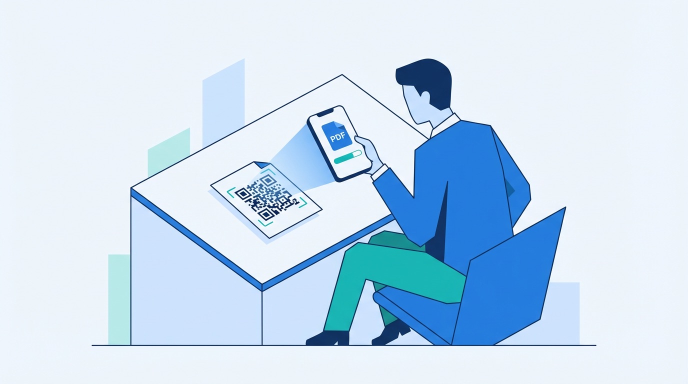 Professional scanning a QR code on a printed document to download a PDF file on their smartphone