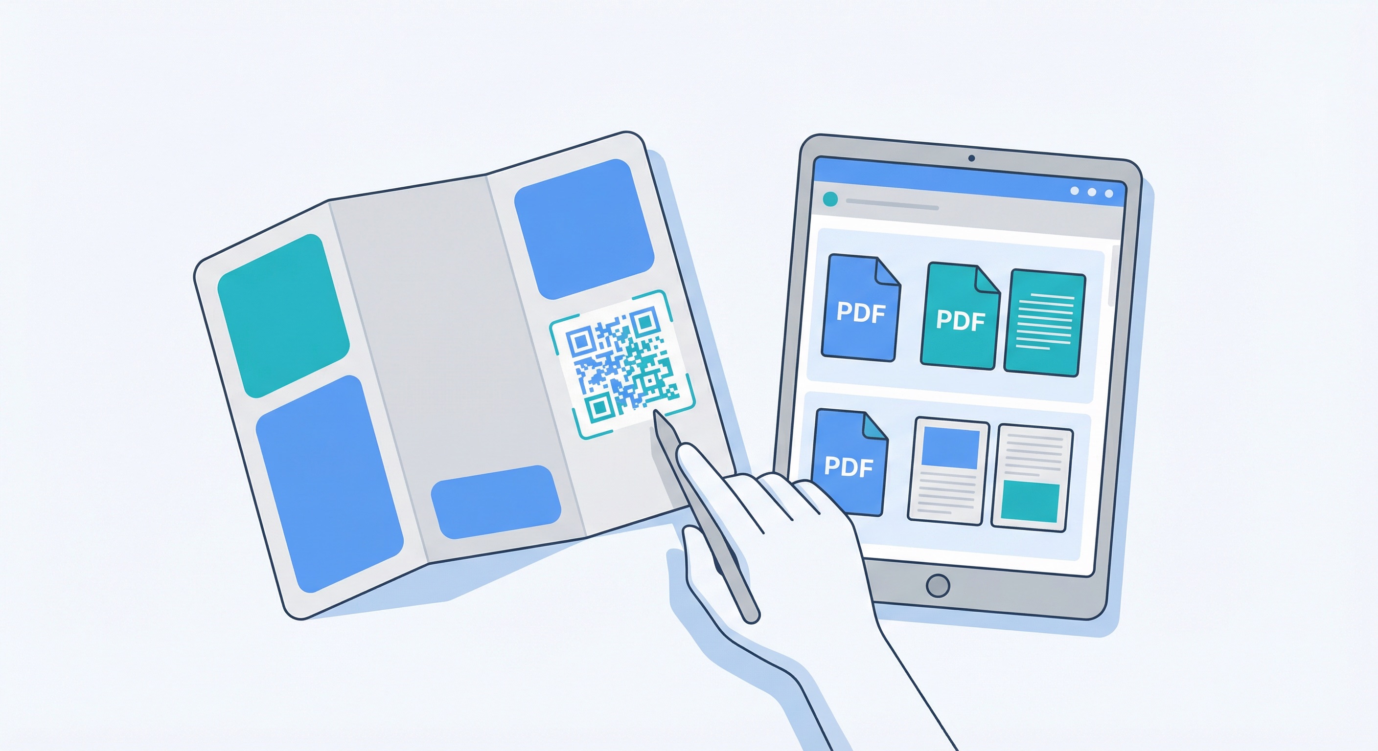 Brochure with a QR code being scanned on a tablet, opening a PDF product catalogue for instant download