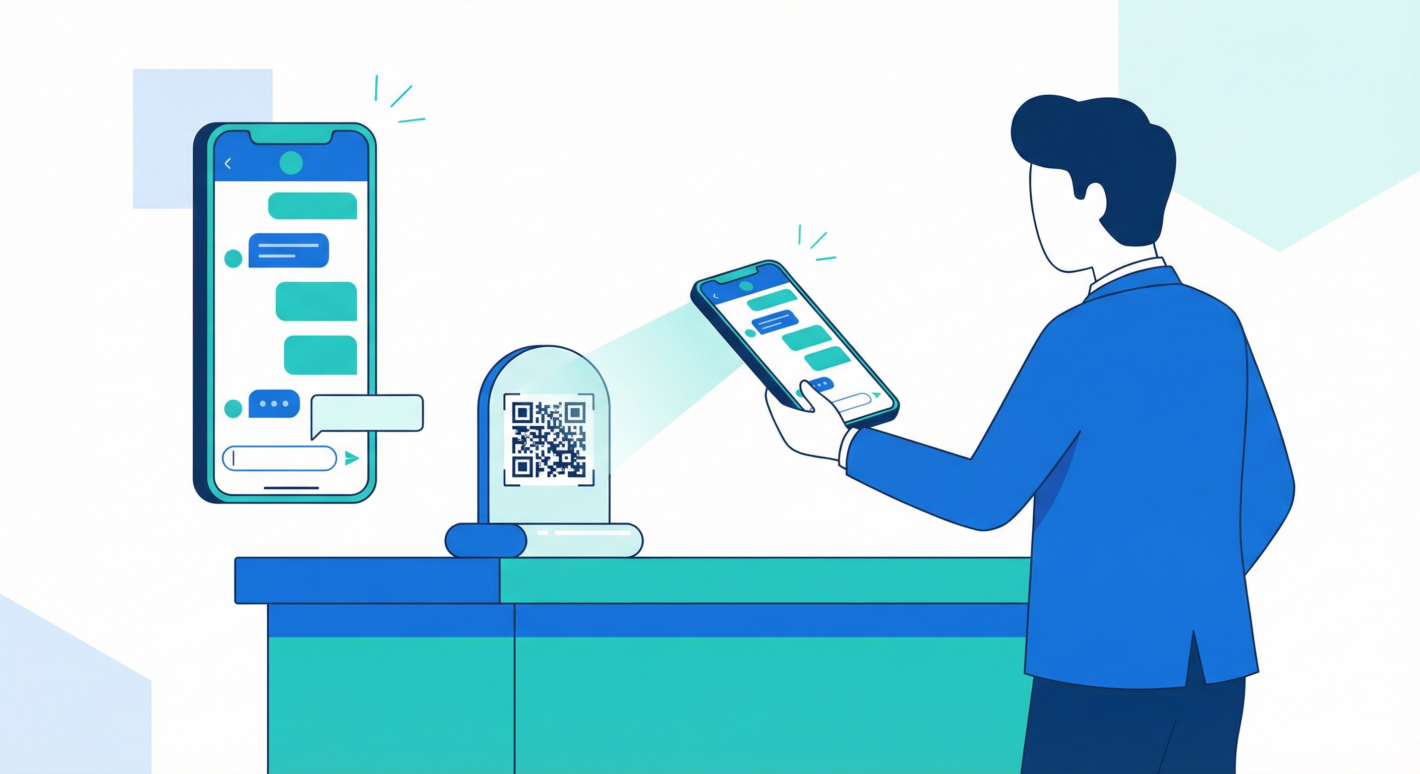 Customer scanning a WhatsApp QR code at a retail counter, opening a business chat conversation instantly on their smartphone