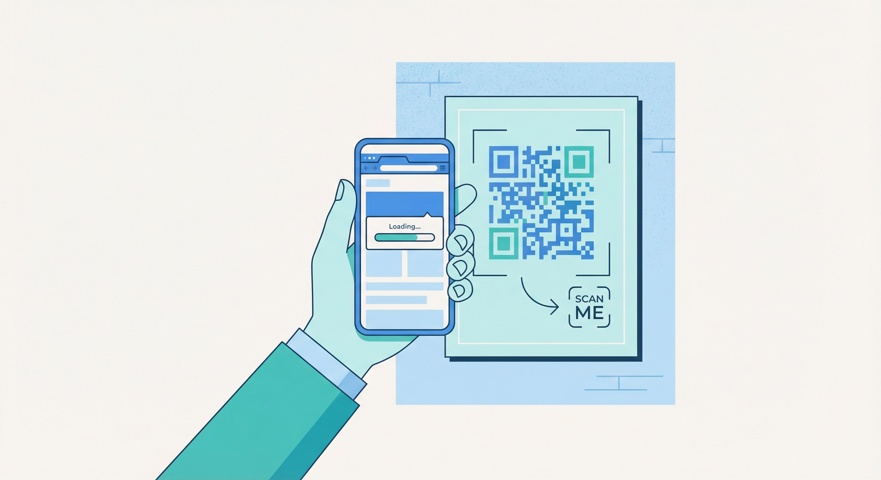 Smartphone scanning a URL QR code directing users to a webpage, showing instant web access from a printed marketing poster