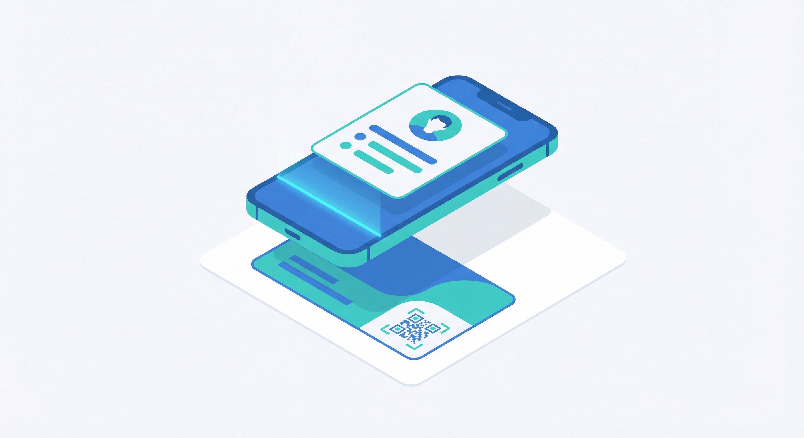 Business card printed with a vCard QR code being scanned by a smartphone, saving contact details directly to the address book