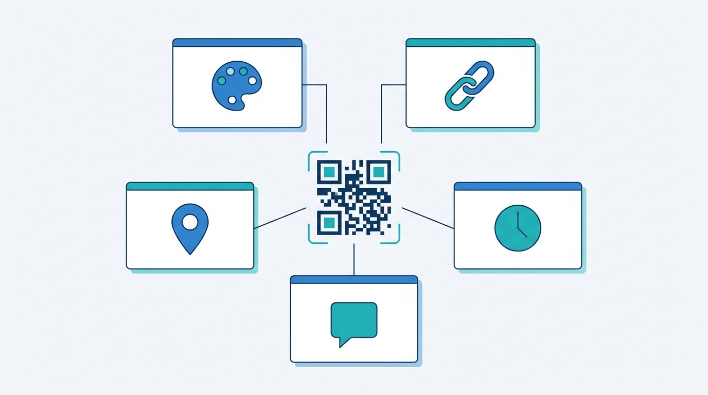Five key QR code A/B testing variables — design, destination URL, placement, call-to-action, and timing — connected to a central QR code