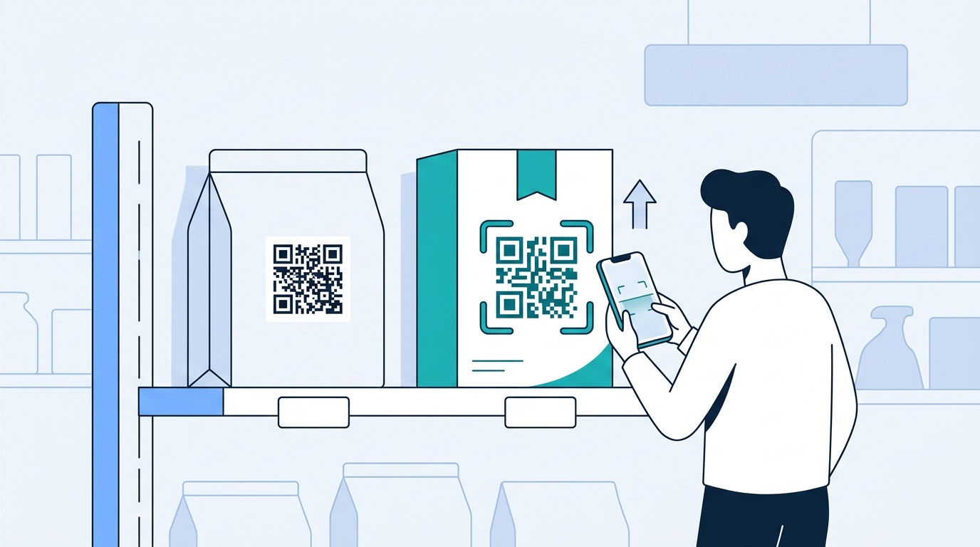 Retail shelf showing two product packages — one with a plain QR code on the back, one with a branded teal QR code on the front being scanned by a shopper