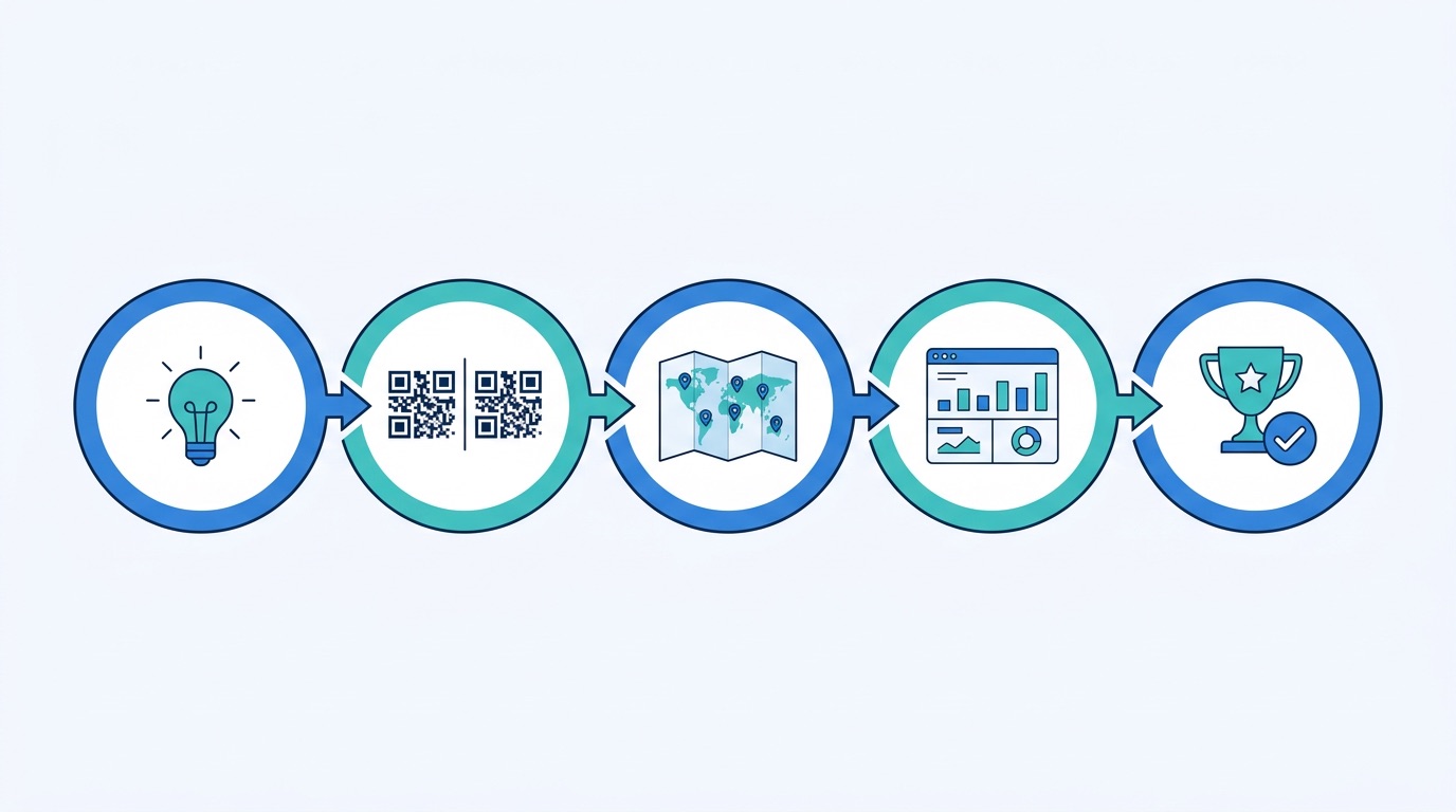 Five-step process flow for setting up a QR code A/B test: hypothesize, create variants, deploy, track data, and decide the winner