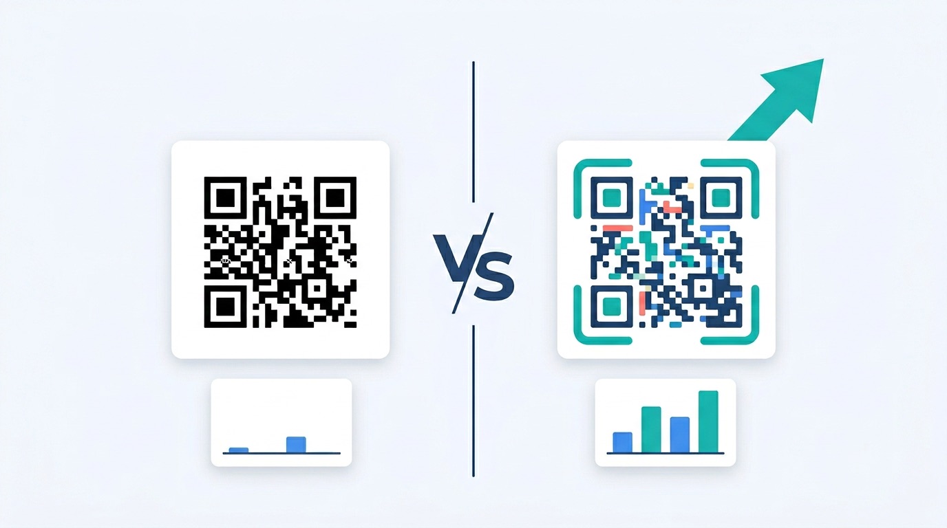 Side-by-side comparison of a plain black-and-white QR code versus a branded colorful QR code, showing higher scan rate analytics for the branded variant