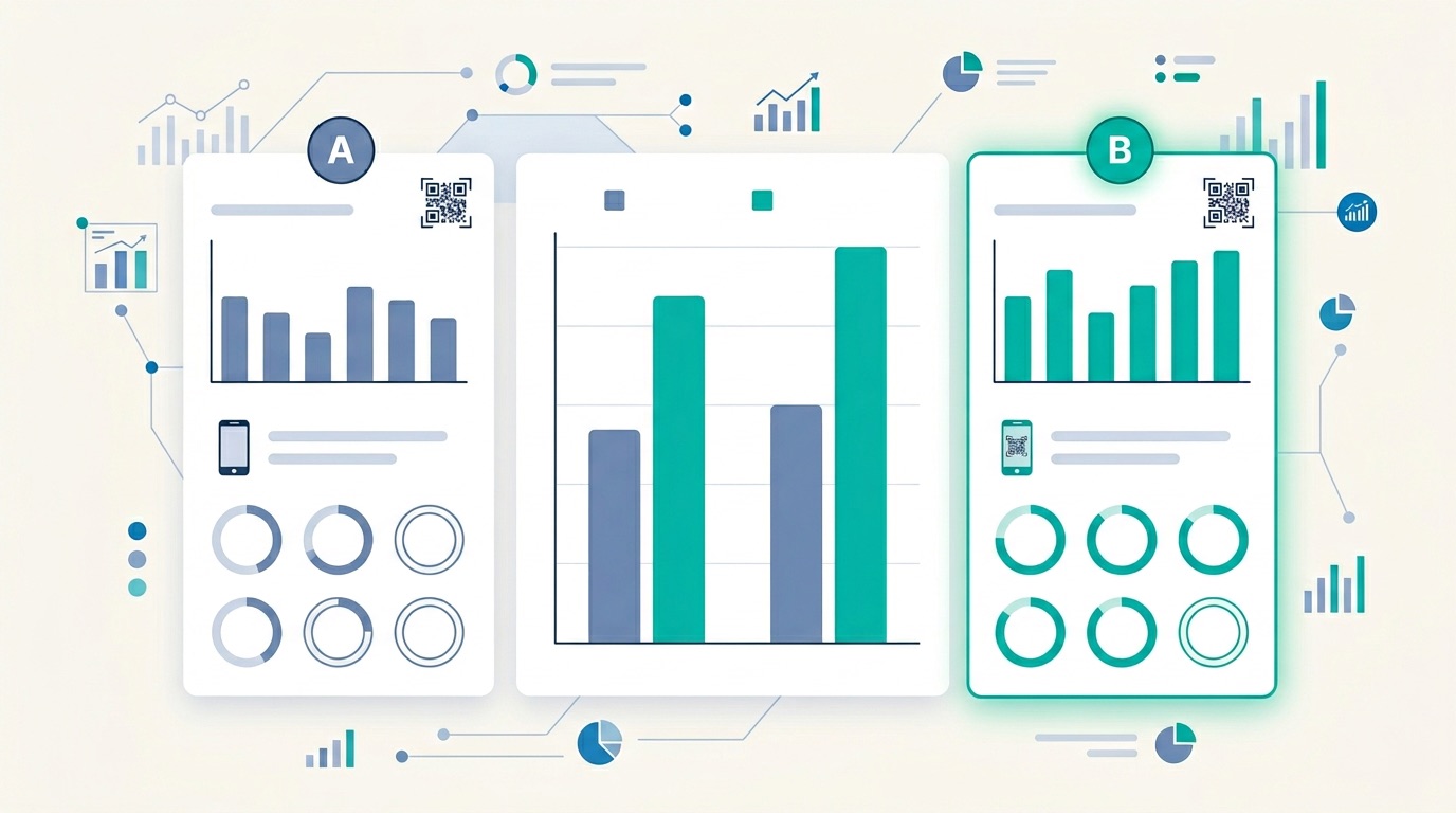 Analytics dashboard comparing QR code A/B test results showing Variant B outperforming Variant A in scan rate and conversion rate
