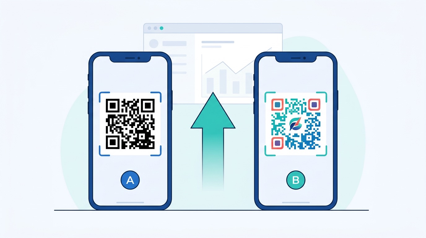 Two smartphones showing QR code A/B test variants side by side with analytics dashboard showing performance improvement