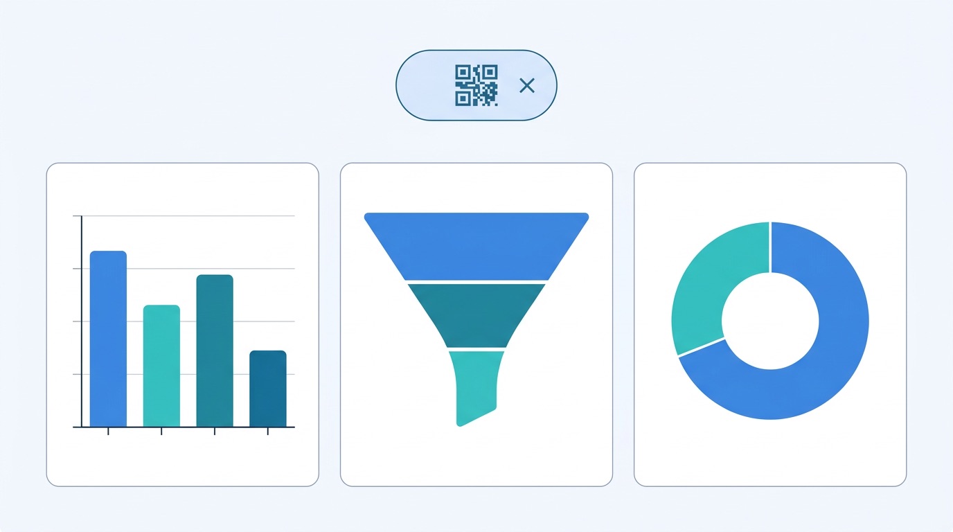 Google Analytics 4 dashboard showing QR code campaign data filtered by utm_medium with bar chart by source, funnel chart, and device donut chart