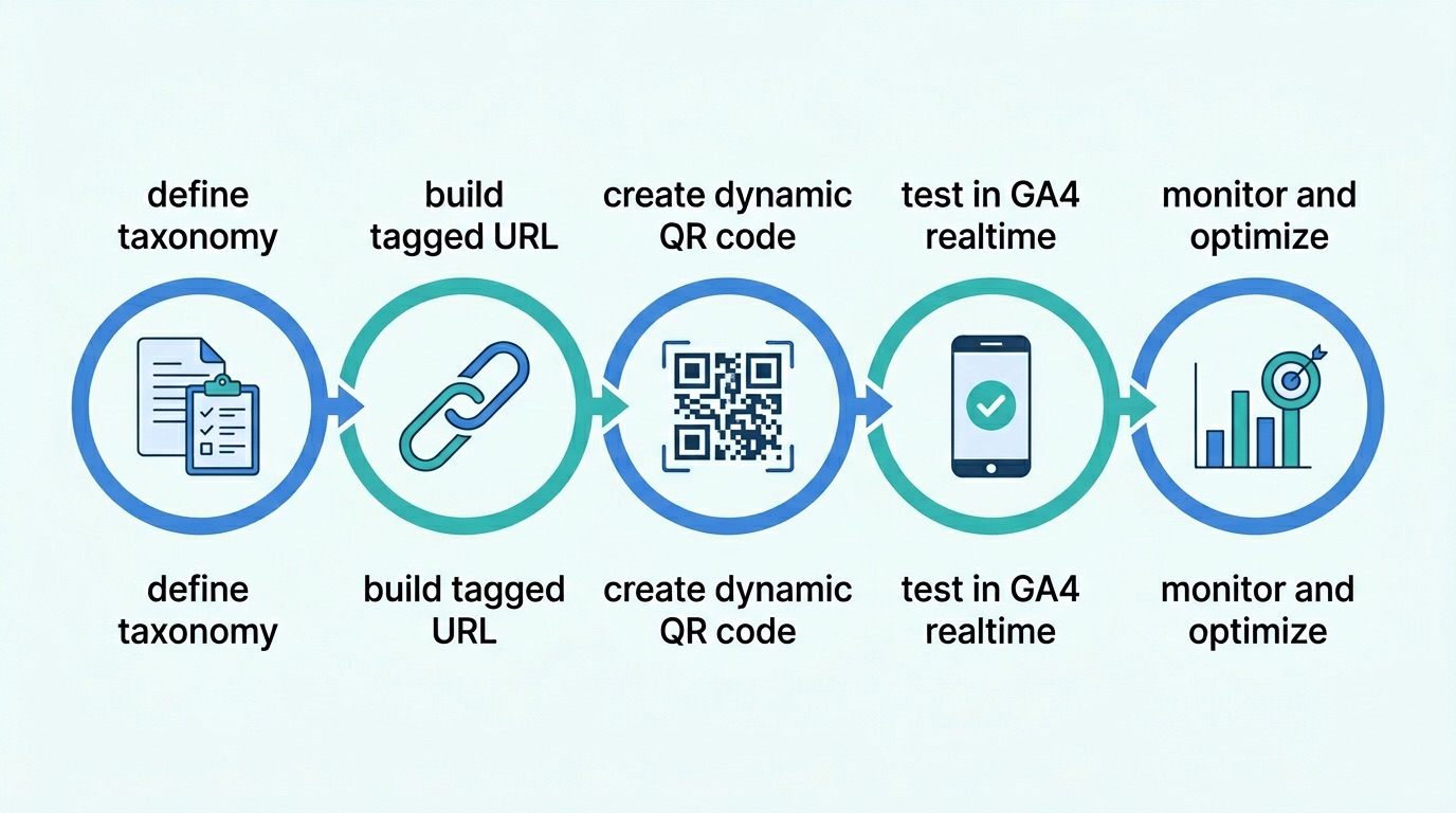 Five-step process flow for setting up UTM-tagged QR codes: define taxonomy, build tagged URL, create dynamic QR code, test in GA4 realtime, monitor and optimize