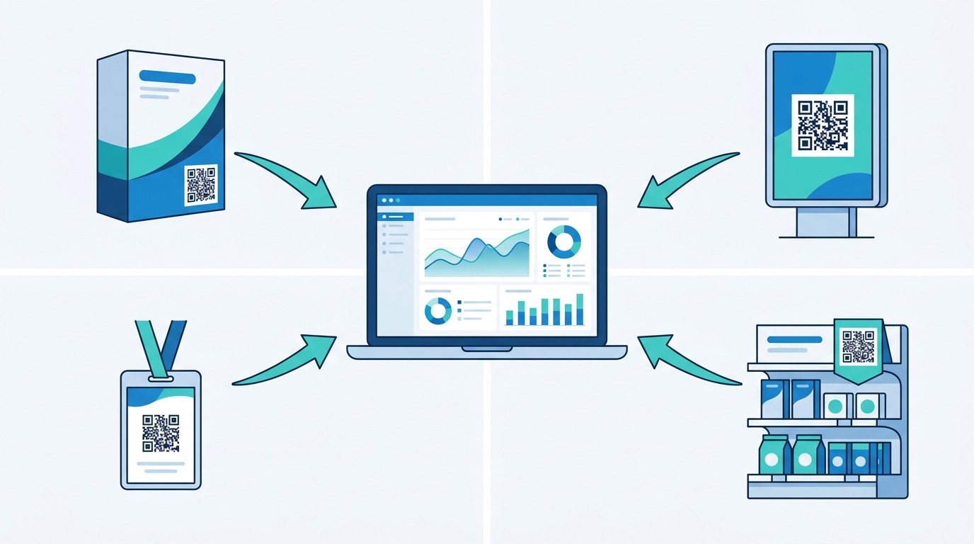 Four physical QR code placement channels — product packaging, outdoor billboard, event badge, and retail shelf — each with arrows flowing to a central analytics dashboard