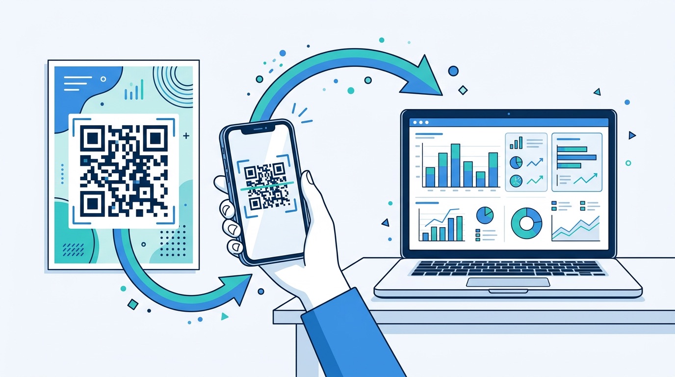 QR code on a poster being scanned by a smartphone with UTM parameter tags flowing to a Google Analytics dashboard on a laptop