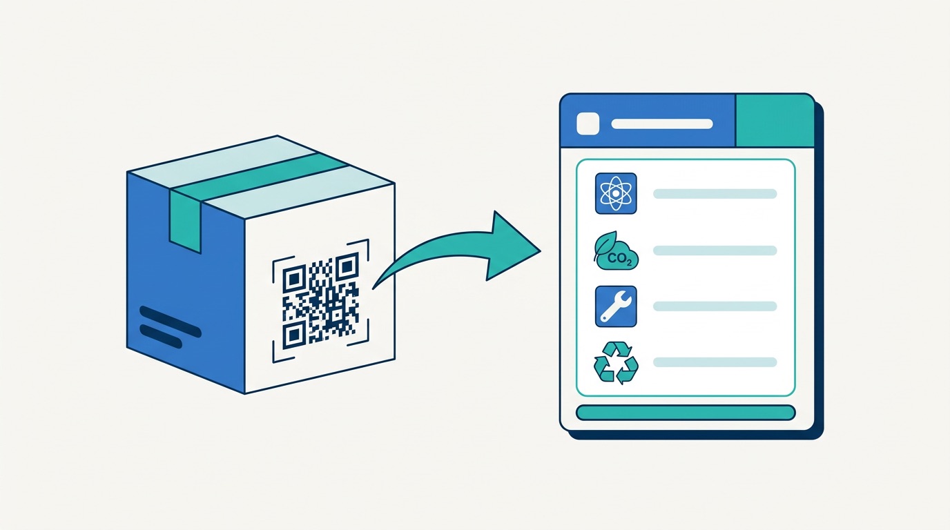 Product package with QR code linking to a digital product passport record showing material composition, carbon footprint, repairability, and recycling data