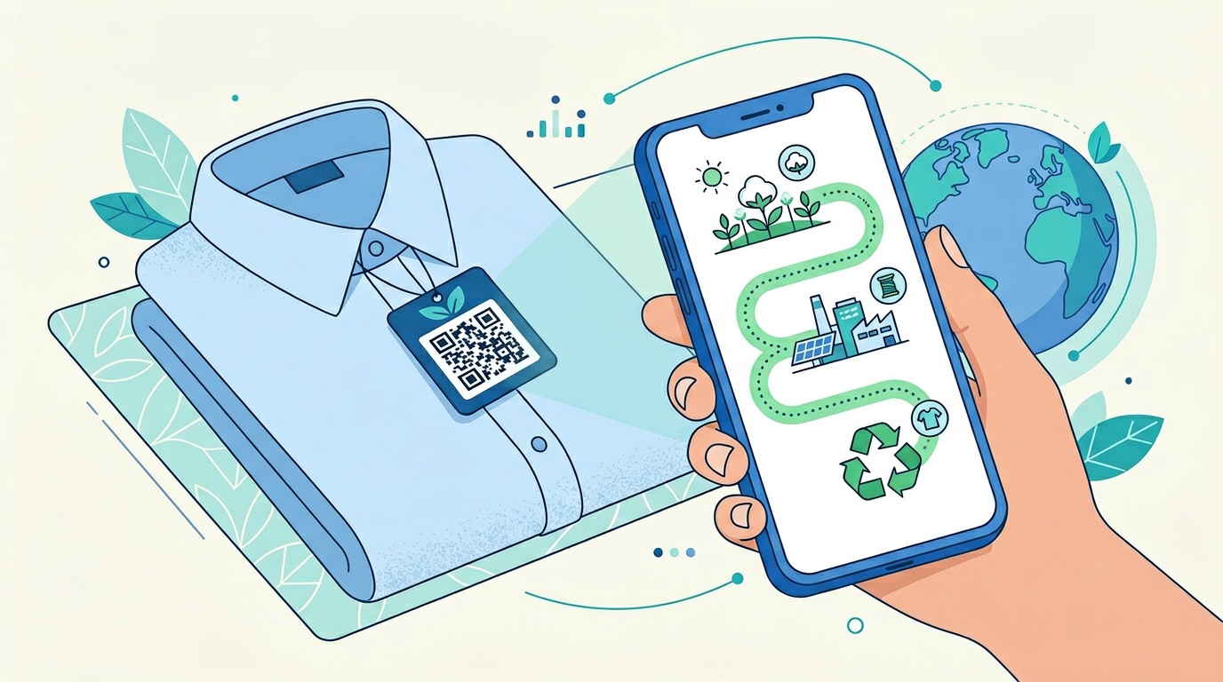 Garment with QR code tag being scanned by smartphone, revealing a supply chain journey from cotton field to factory to recycling symbol on the phone screen