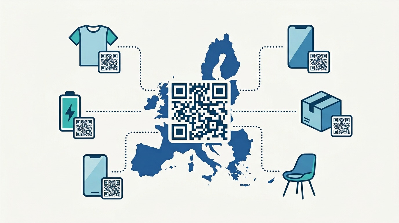EU map with QR code at center connected to product category icons representing the EU Digital Product Passport regulation