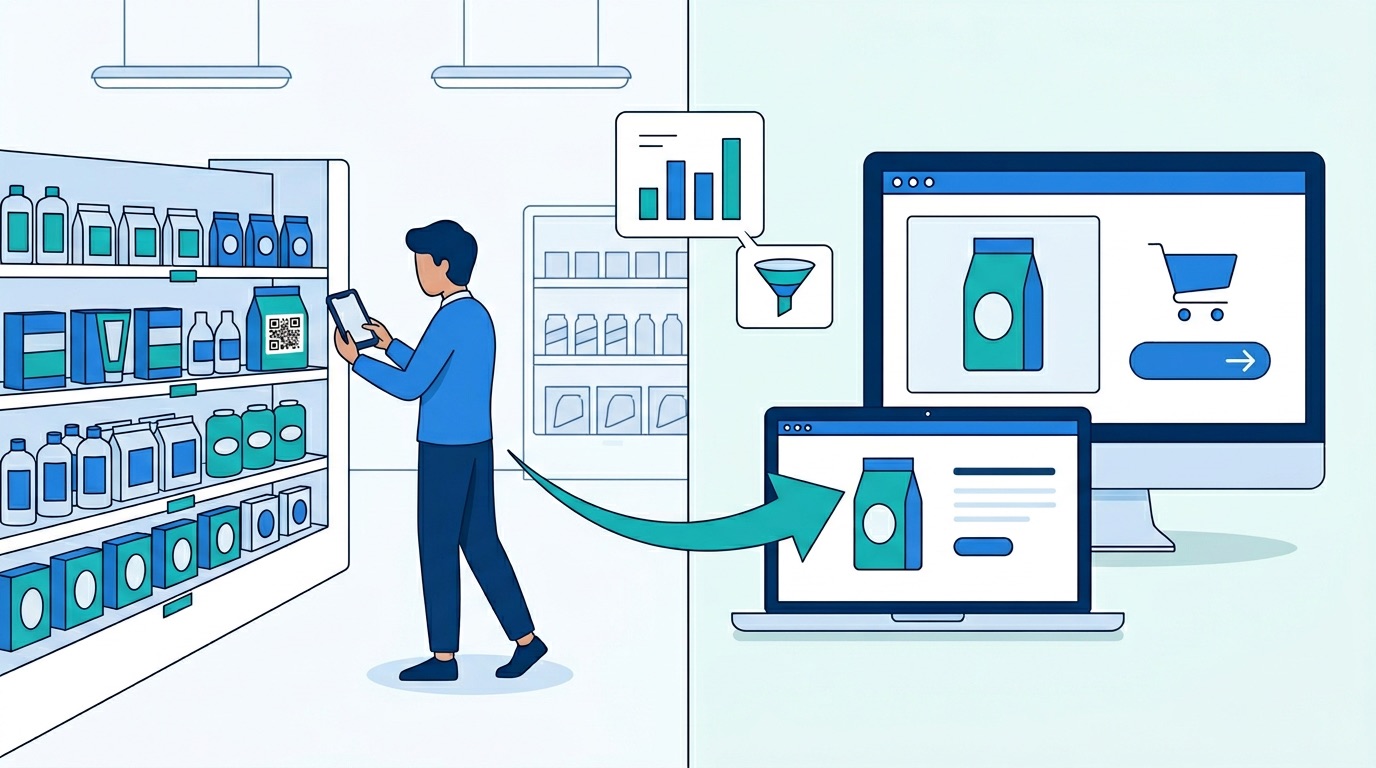 Split-screen showing a shopper scanning a QR code in a physical retail store on the left, connecting via an arrow to an e-commerce product page and shopping cart on the right